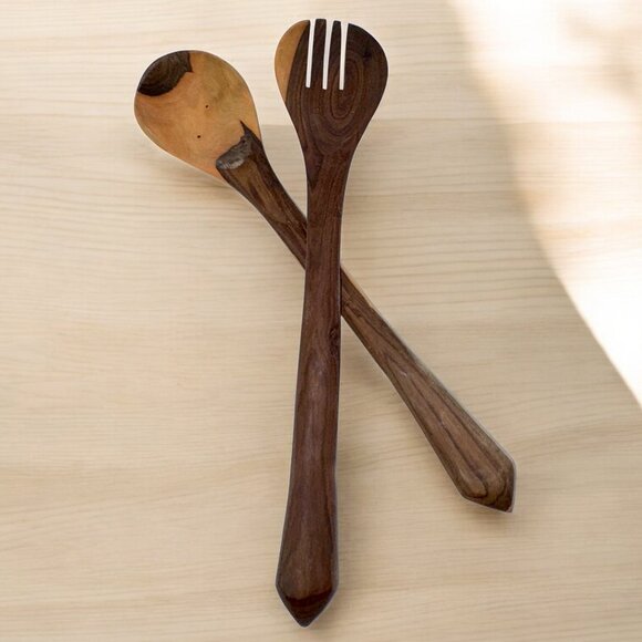 Vintage Olive Wood Salad Forks Utensils Tongs 2 tones - Picture 1 of 5